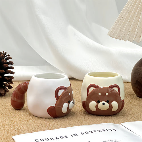 Cute 3D Lesser Panda Ceramic Mug, Raccoon Bear Face Coffee Cup with Striped Tail Handle