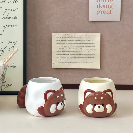 Cute 3D Lesser Panda Ceramic Mug, Raccoon Bear Face Coffee Cup with Striped Tail Handle