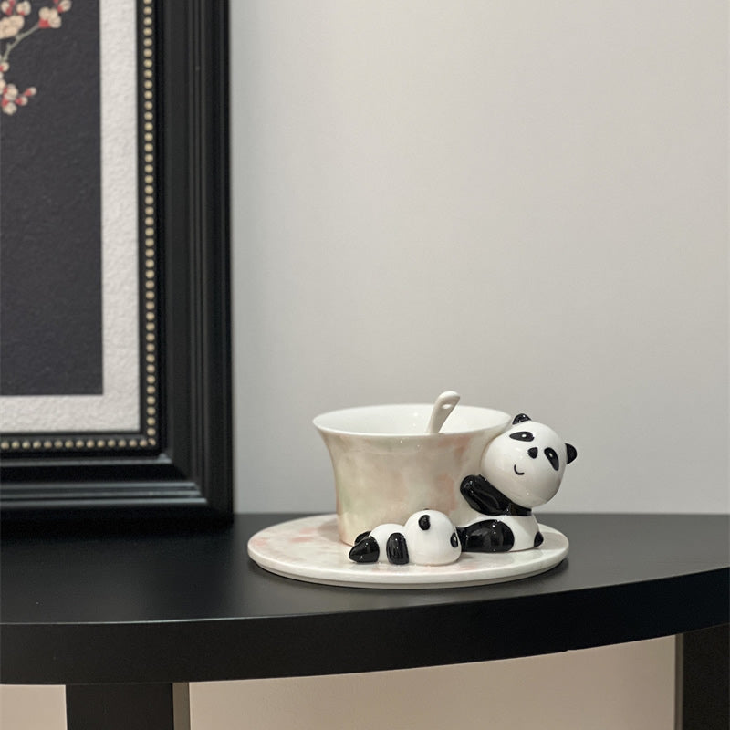 Cute 3D Panda Ceramic Cup and Saucer Set, Glaze Tea Coffee Mug with Spoon, Animal Tableware Gift Set