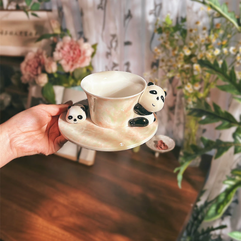 Cute 3D Panda Ceramic Cup and Saucer Set, Glaze Tea Coffee Mug with Spoon, Animal Tableware Gift Set