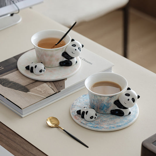 Cute 3D Panda Ceramic Cup and Saucer Set, Glaze Tea Coffee Mug with Spoon, Animal Tableware Gift Set