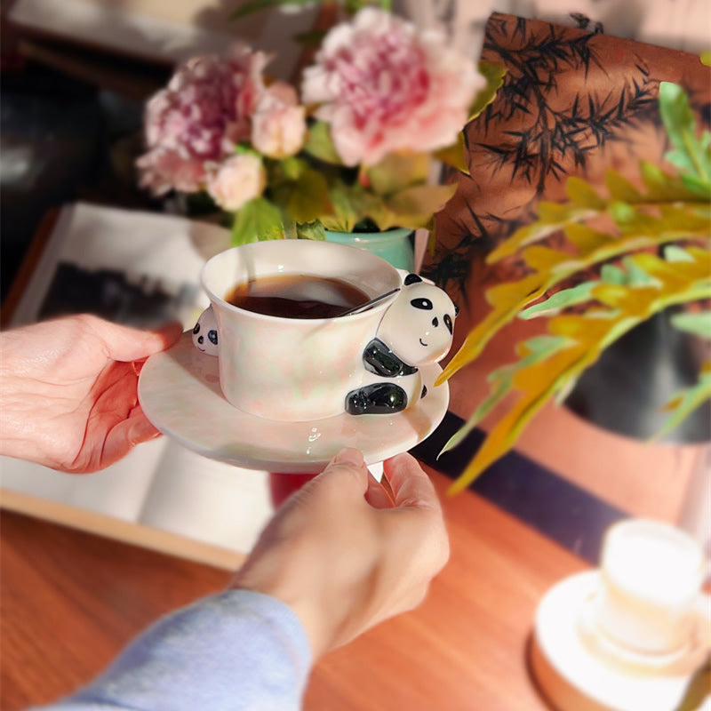 Cute 3D Panda Ceramic Cup and Saucer Set, Glaze Tea Coffee Mug with Spoon, Animal Tableware Gift Set