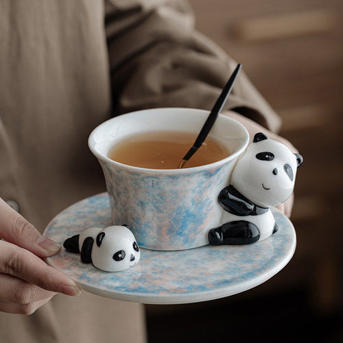 Cute 3D Panda Ceramic Cup and Saucer Set, Glaze Tea Coffee Mug with Spoon, Animal Tableware Gift Set