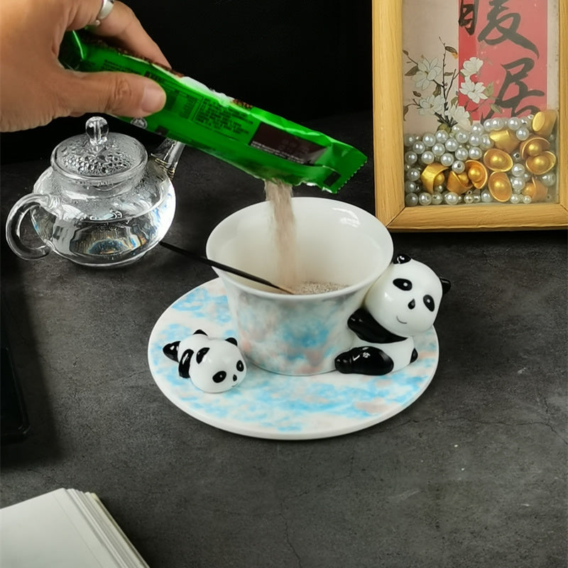 Cute 3D Panda Ceramic Cup and Saucer Set, Glaze Tea Coffee Mug with Spoon, Animal Tableware Gift Set