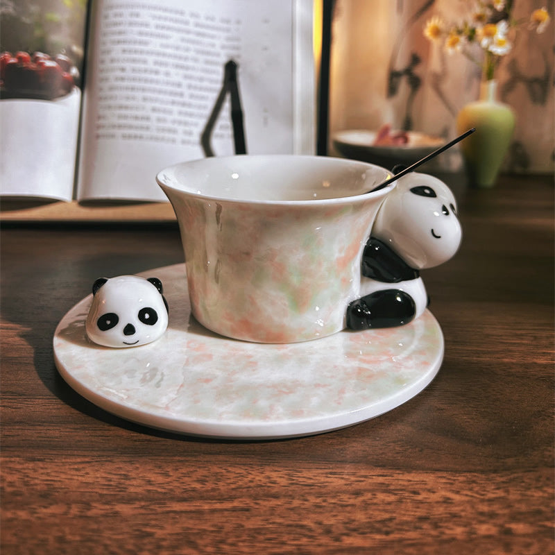 Cute 3D Panda Ceramic Cup and Saucer Set, Glaze Tea Coffee Mug with Spoon, Animal Tableware Gift Set