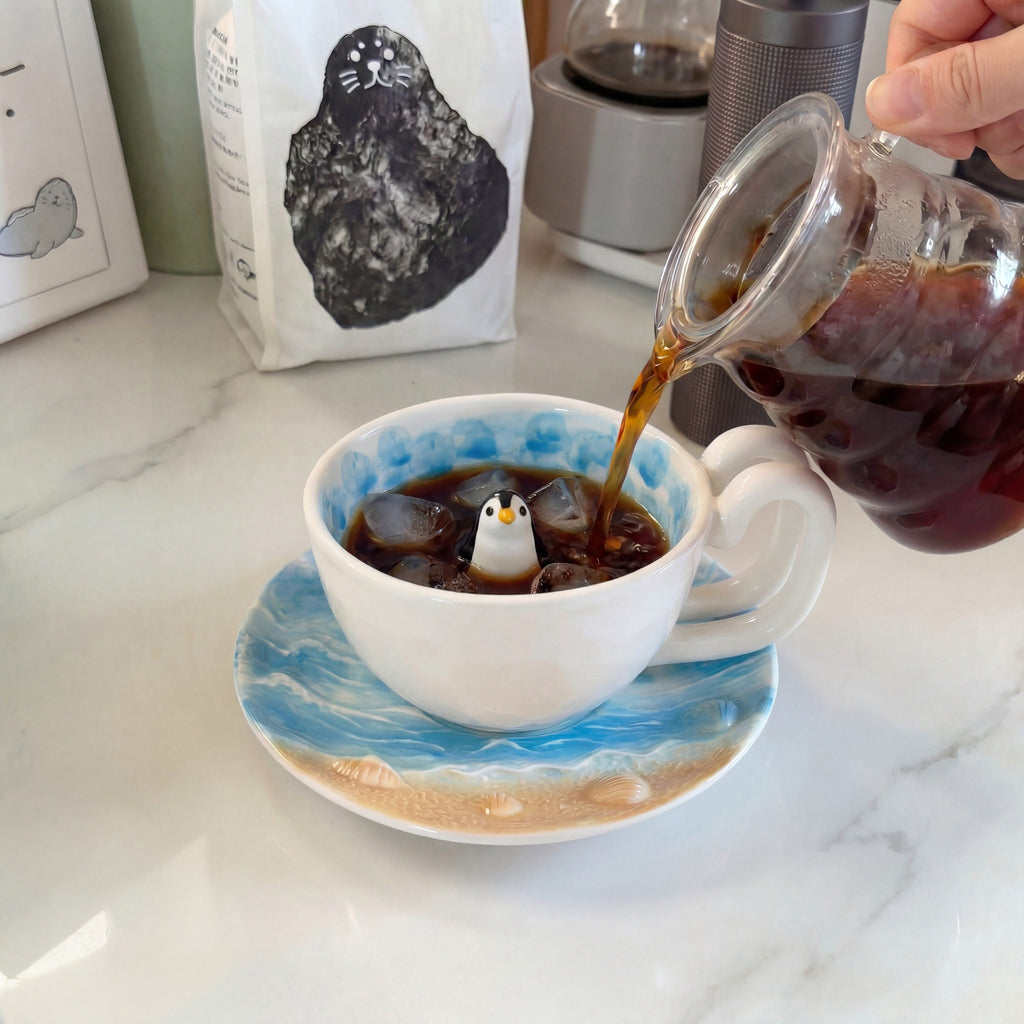 Cute 3D Penguin Ceramic Mug, Hand-Painted Iceberg Coffee Cup with Peeking Penguin, Whimsical Animal Tea Mug