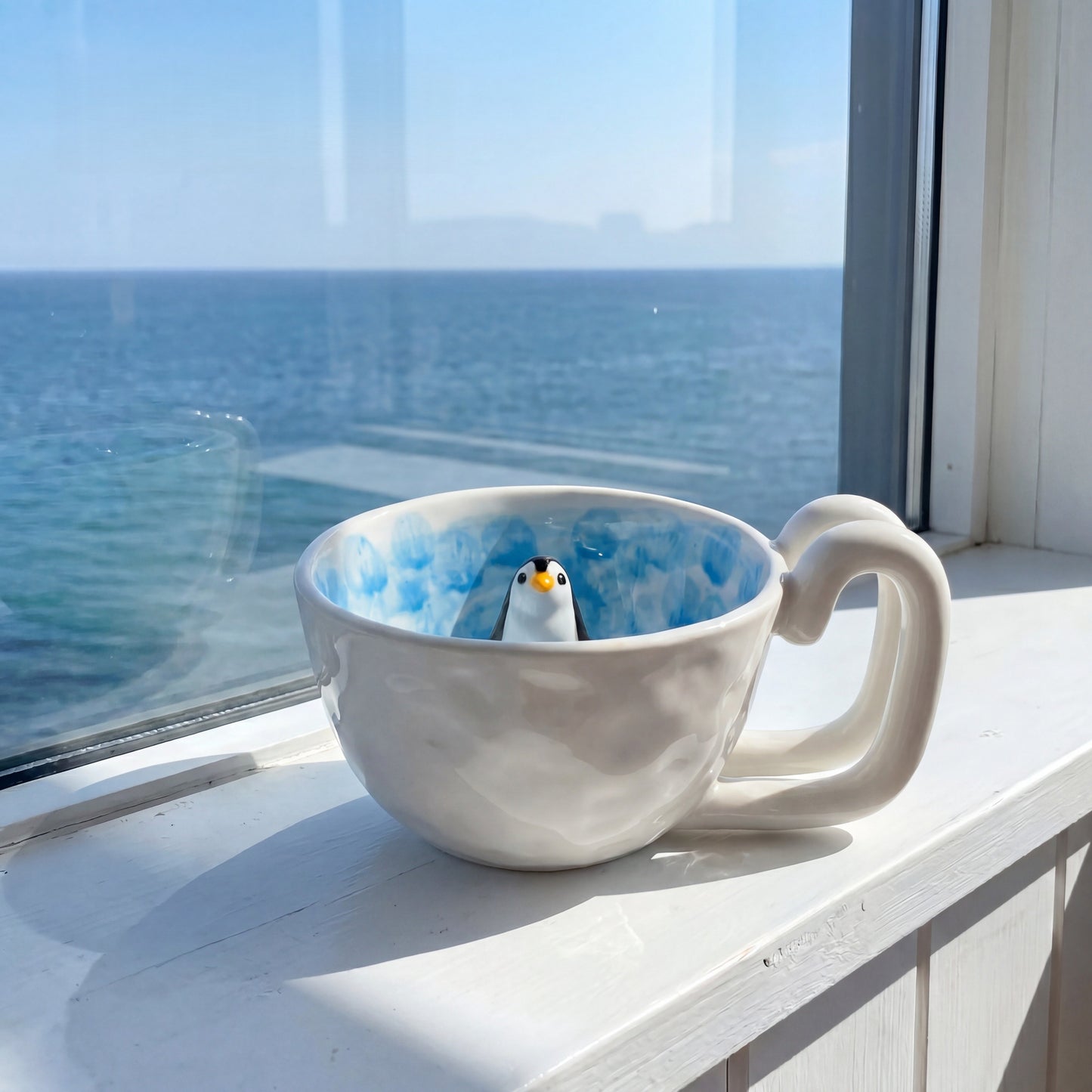 Cute 3D Penguin Ceramic Mug, Hand-Painted Iceberg Coffee Cup with Peeking Penguin, Whimsical Animal Tea Mug
