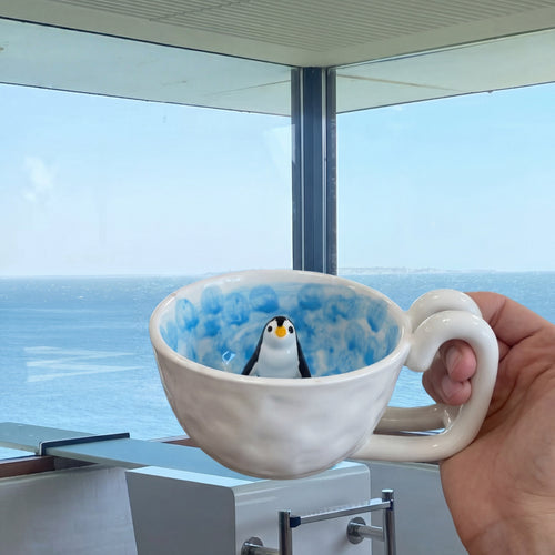 Cute 3D Penguin Ceramic Mug, Hand-Painted Iceberg Coffee Cup with Peeking Penguin, Whimsical Animal Tea Mug