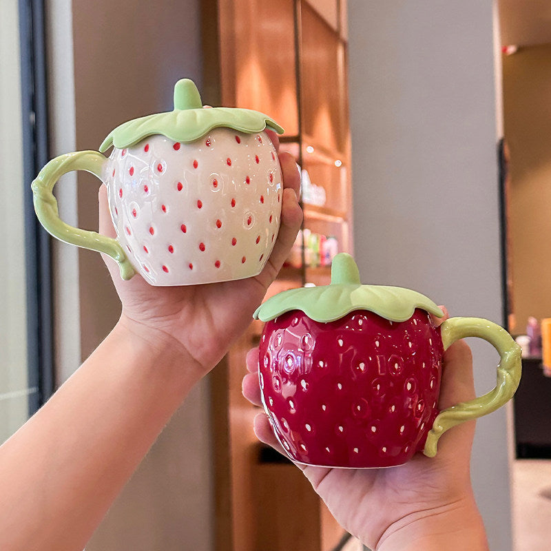Cute 3D Strawberry Ceramic Mug with Leaf Lid, Embossed Seed Fruit Coffee Cup, Kawaii Red & White Strawberry Tea Mug