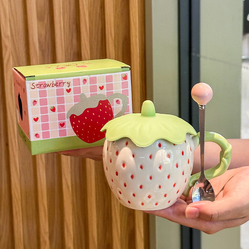 Cute 3D Strawberry Ceramic Mug with Leaf Lid, Embossed Seed Fruit Coffee Cup, Kawaii Red & White Strawberry Tea Mug