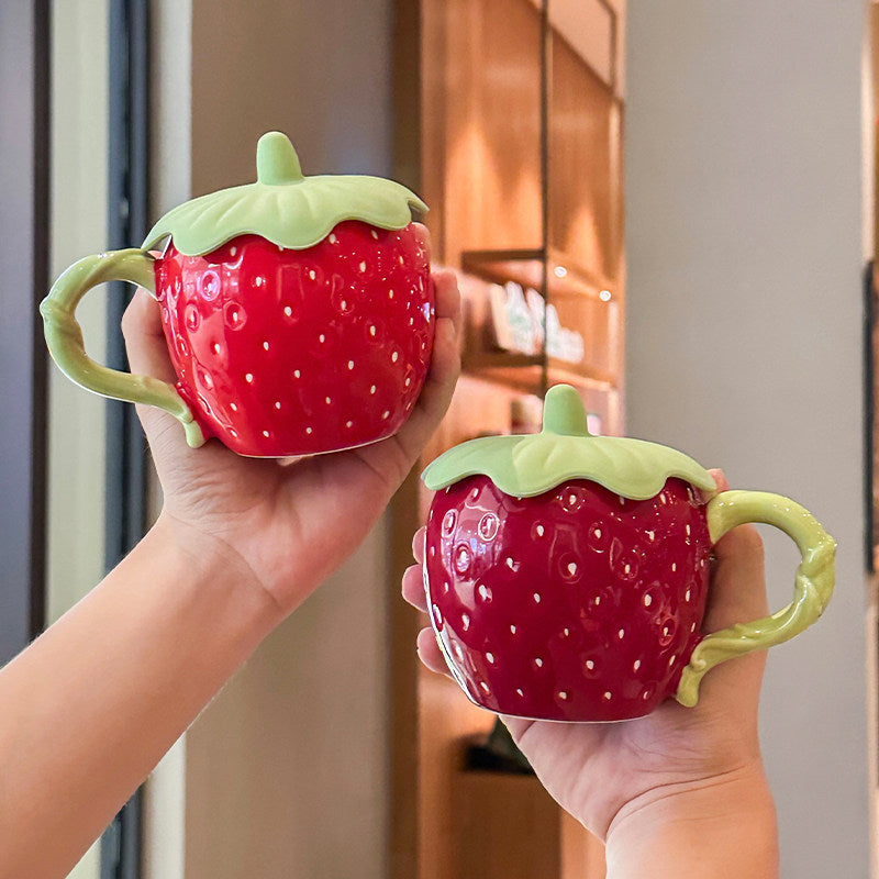 Cute 3D Strawberry Ceramic Mug with Leaf Lid, Embossed Seed Fruit Coffee Cup, Kawaii Red & White Strawberry Tea Mug
