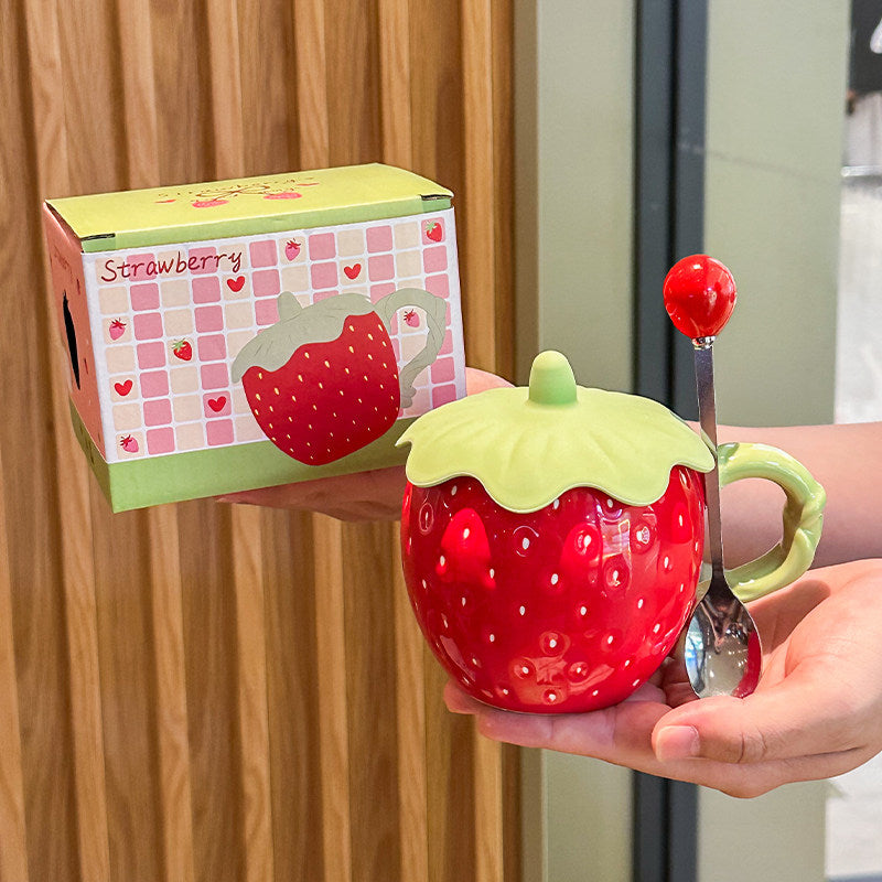 Cute 3D Strawberry Ceramic Mug with Leaf Lid, Embossed Seed Fruit Coffee Cup, Kawaii Red & White Strawberry Tea Mug