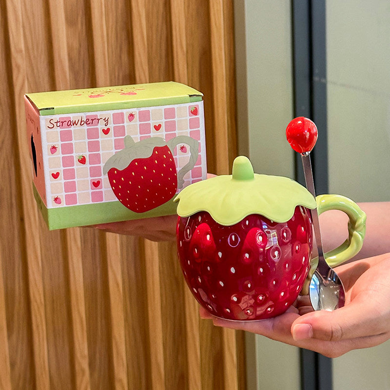 Cute 3D Strawberry Ceramic Mug with Leaf Lid, Embossed Seed Fruit Coffee Cup, Kawaii Red & White Strawberry Tea Mug