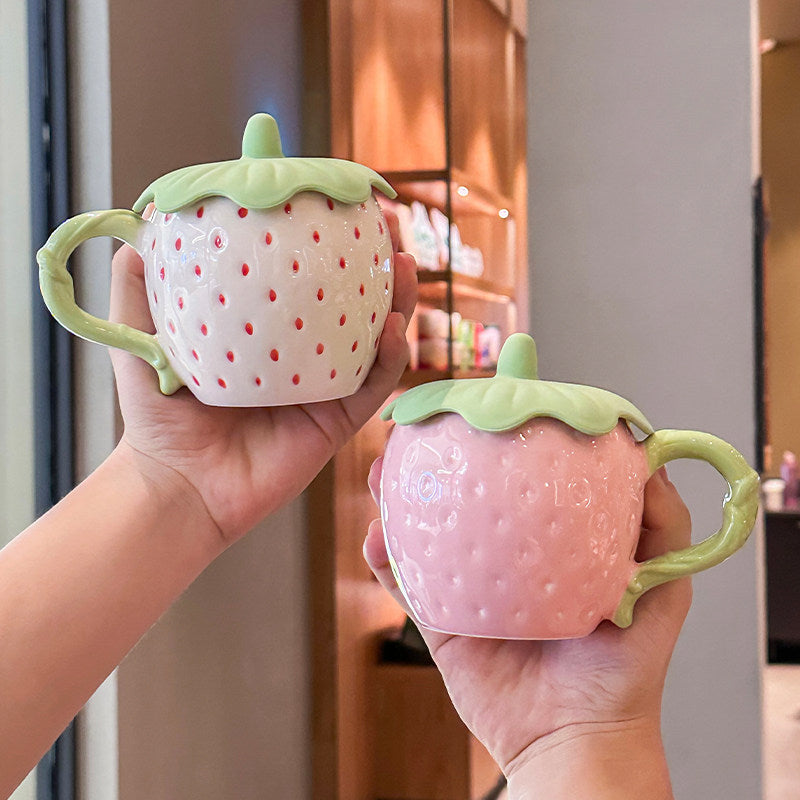 Cute 3D Strawberry Ceramic Mug with Leaf Lid, Embossed Seed Fruit Coffee Cup, Kawaii Red & White Strawberry Tea Mug