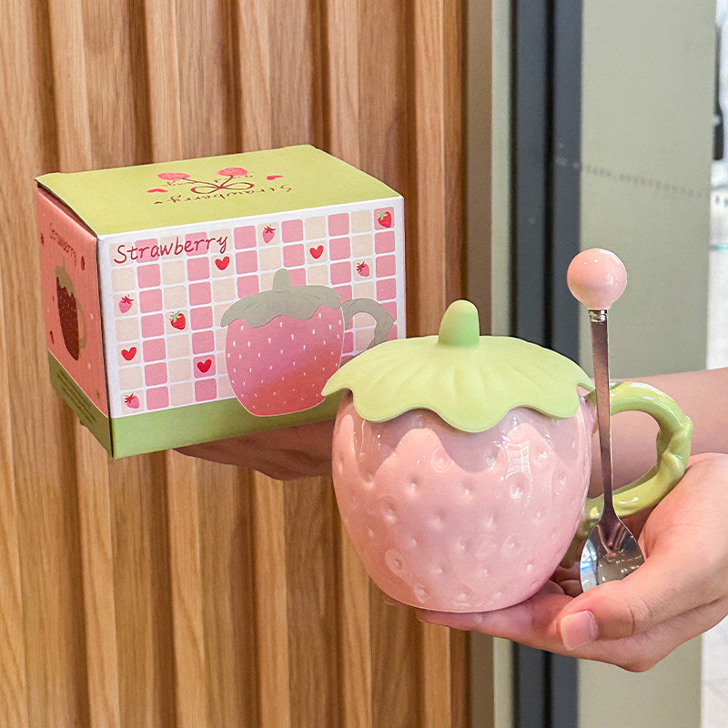 Cute 3D Strawberry Ceramic Mug with Leaf Lid, Embossed Seed Fruit Coffee Cup, Kawaii Red & White Strawberry Tea Mug