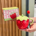 Cute 3D Strawberry Ceramic Mug with Leaf Lid, Embossed Seed Fruit Coffee Cup, Kawaii Red & White Strawberry Tea Mug