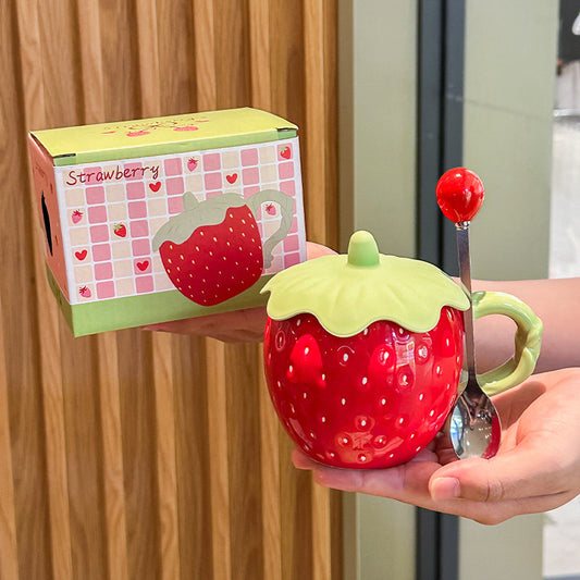 Cute 3D Strawberry Ceramic Mug with Leaf Lid, Embossed Seed Fruit Coffee Cup, Kawaii Red & White Strawberry Tea Mug