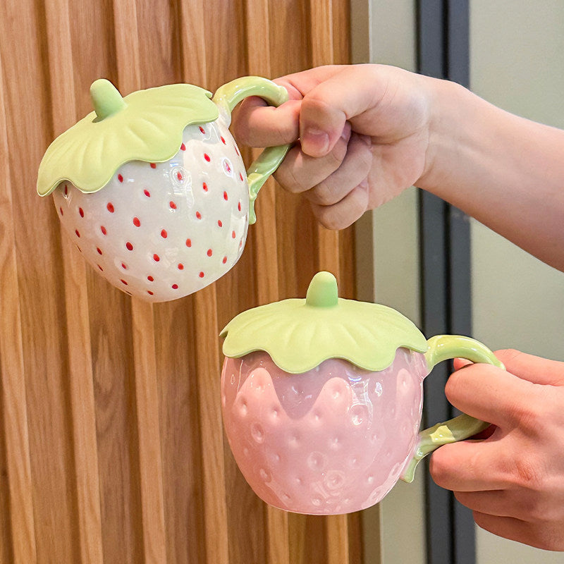 Cute 3D Strawberry Ceramic Mug with Leaf Lid, Embossed Seed Fruit Coffee Cup, Kawaii Red & White Strawberry Tea Mug