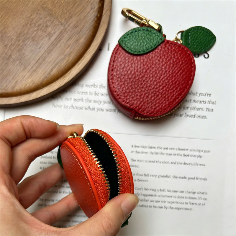 Cute Apple Leather Coin Purse, Mini Fruit Zipper Pouch, Keychain Earbud Case for Women & Girls