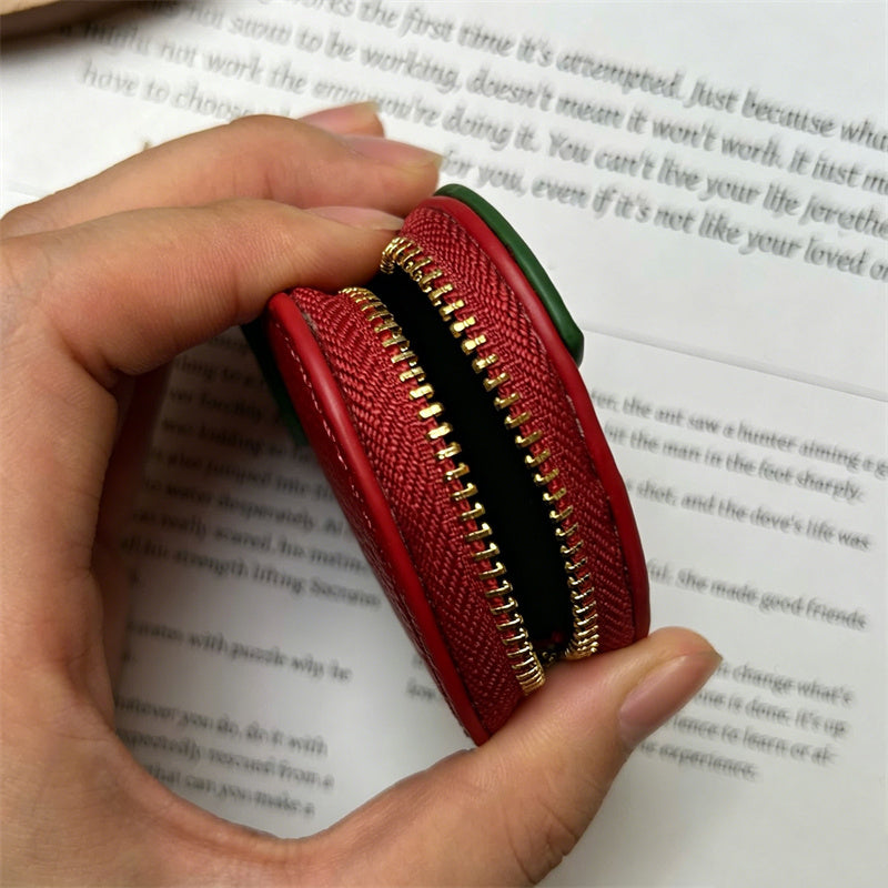 Cute Apple Leather Coin Purse, Mini Fruit Zipper Pouch, Keychain Earbud Case for Women & Girls
