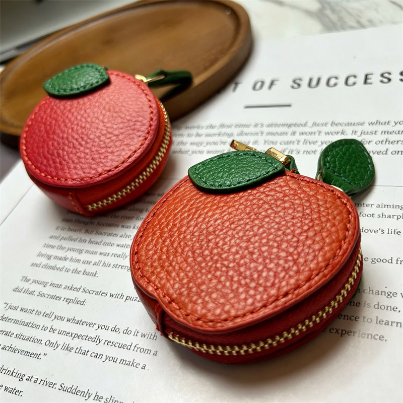 Cute Apple Leather Coin Purse, Mini Fruit Zipper Pouch, Keychain Earbud Case for Women & Girls