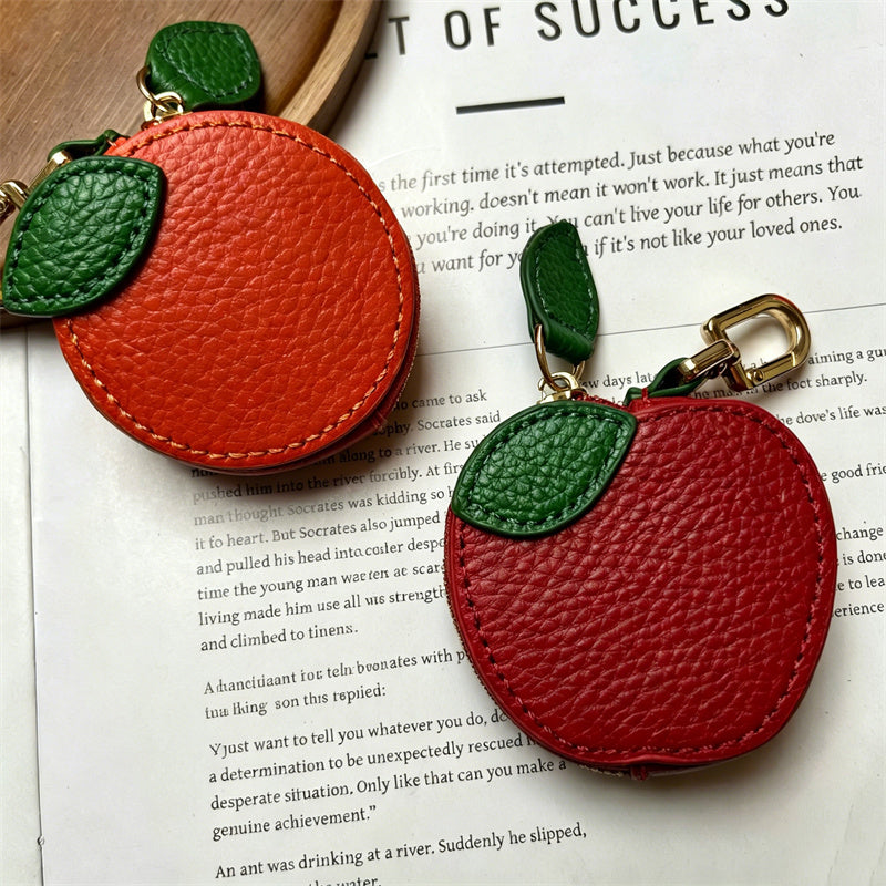 Cute Apple Leather Coin Purse, Mini Fruit Zipper Pouch, Keychain Earbud Case for Women & Girls
