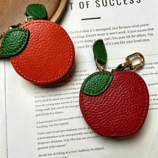 Cute Apple Leather Coin Purse, Mini Fruit Zipper Pouch, Keychain Earbud Case for Women & Girls