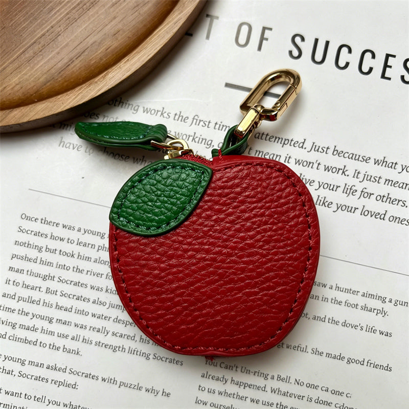 Cute Apple Leather Coin Purse, Mini Fruit Zipper Pouch, Keychain Earbud Case for Women & Girls