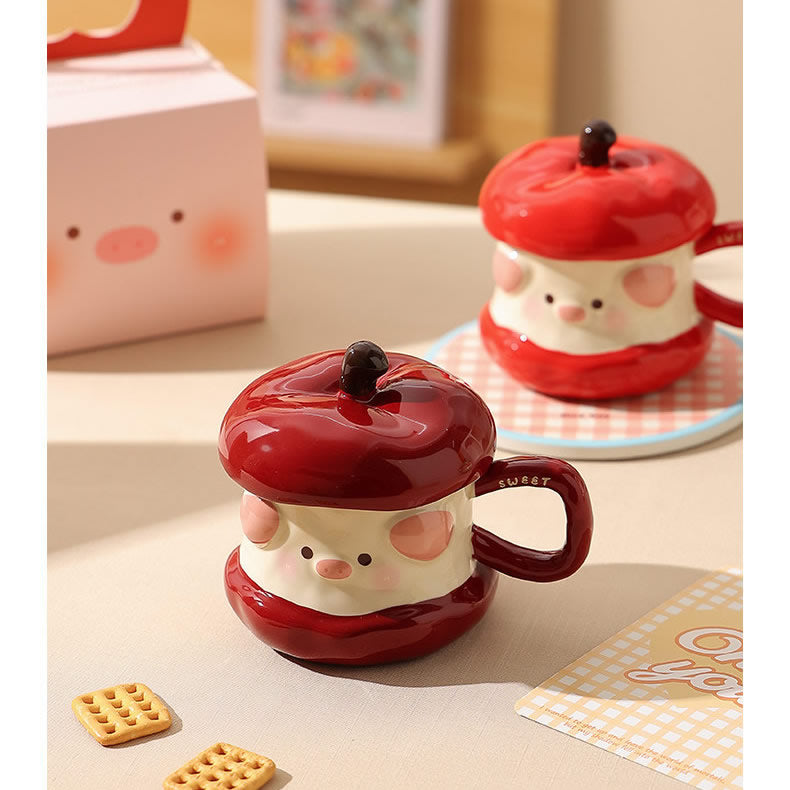 Cute Apple Pig Shaped Ceramic Mug , Kawaii Cartoon Pig Coffee Cup