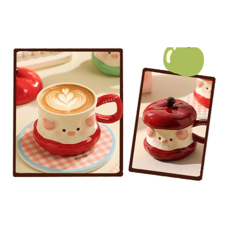 Cute Apple Pig Shaped Ceramic Mug , Kawaii Cartoon Pig Coffee Cup