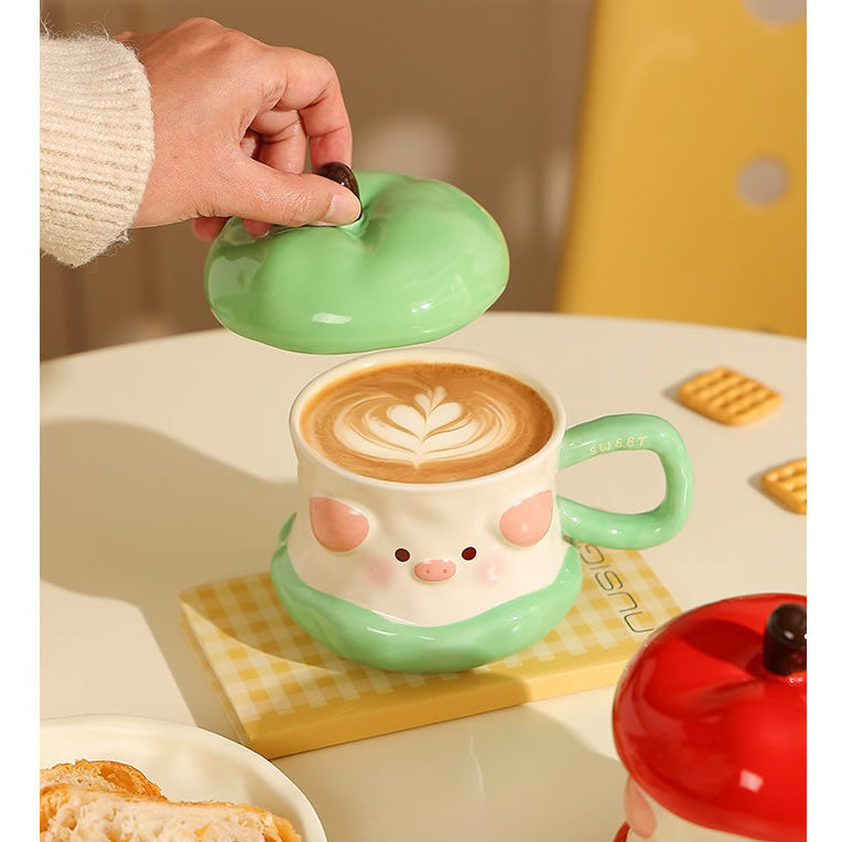 Cute Apple Pig Shaped Ceramic Mug , Kawaii Cartoon Pig Coffee Cup