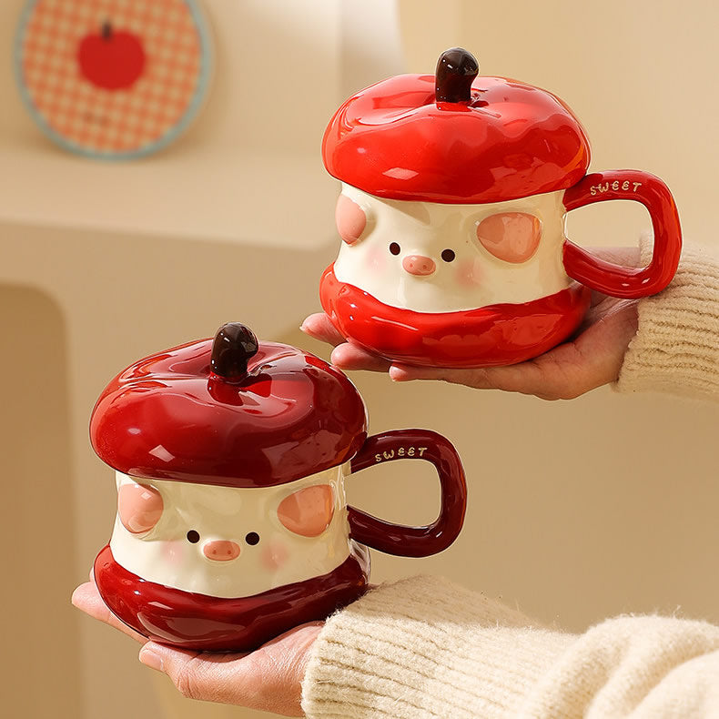 Cute Apple Pig Shaped Ceramic Mug , Kawaii Cartoon Pig Coffee Cup