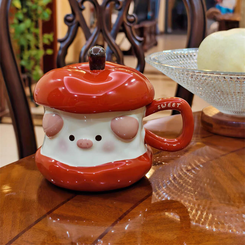 Cute Apple Pig Shaped Ceramic Mug , Kawaii Cartoon Pig Coffee Cup