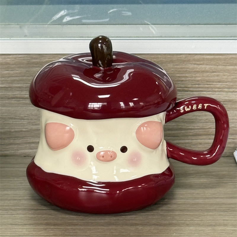 Cute Apple Pig Shaped Ceramic Mug , Kawaii Cartoon Pig Coffee Cup
