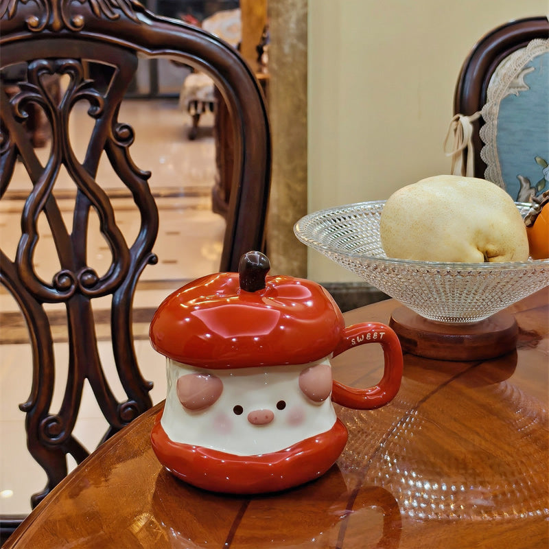 Cute Apple Pig Shaped Ceramic Mug , Kawaii Cartoon Pig Coffee Cup