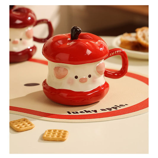 Cute Apple Pig Shaped Ceramic Mug , Kawaii Cartoon Pig Coffee Cup
