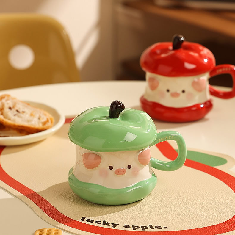 Cute Apple Pig Shaped Ceramic Mug , Kawaii Cartoon Pig Coffee Cup