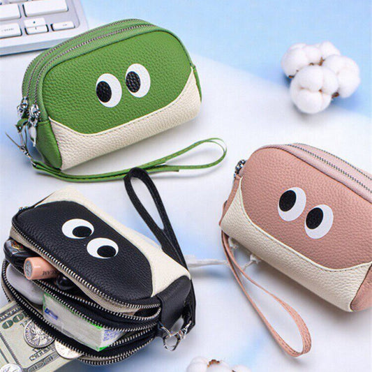 Cute Big Eyes Double Zipper Mini Pouch,Cowhide Leather Coin Purse