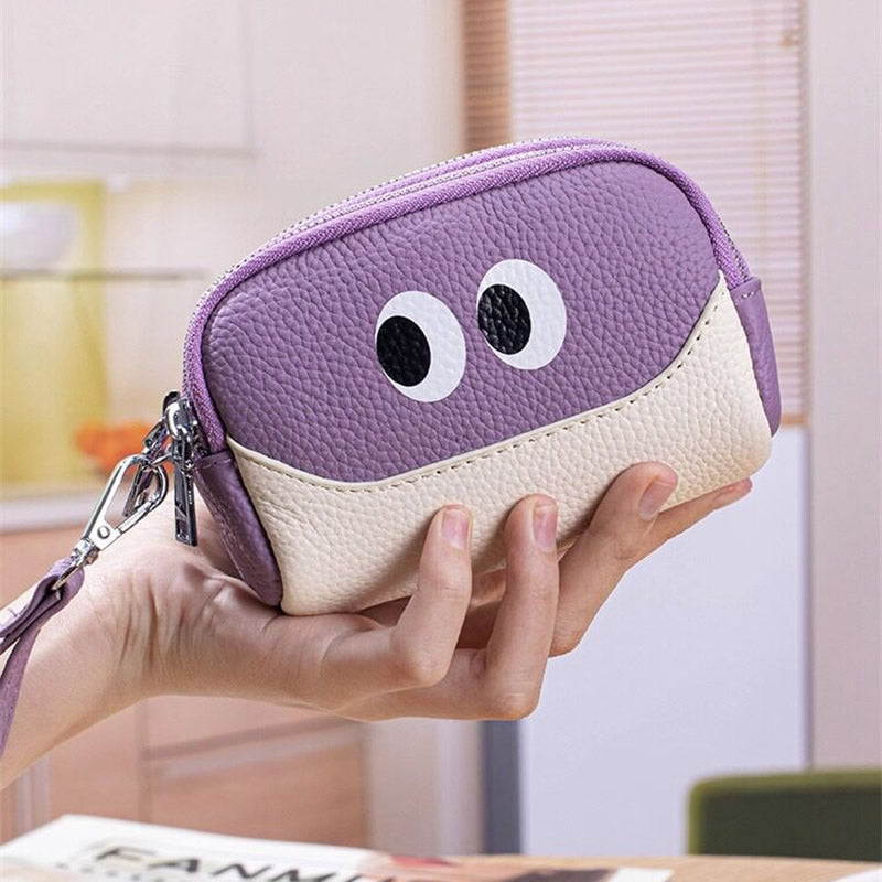 Cute Big Eyes Double Zipper Mini Pouch,Cowhide Leather Coin Purse