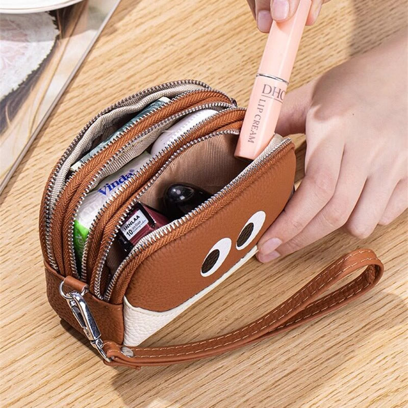 Cute Big Eyes Double Zipper Mini Pouch,Cowhide Leather Coin Purse