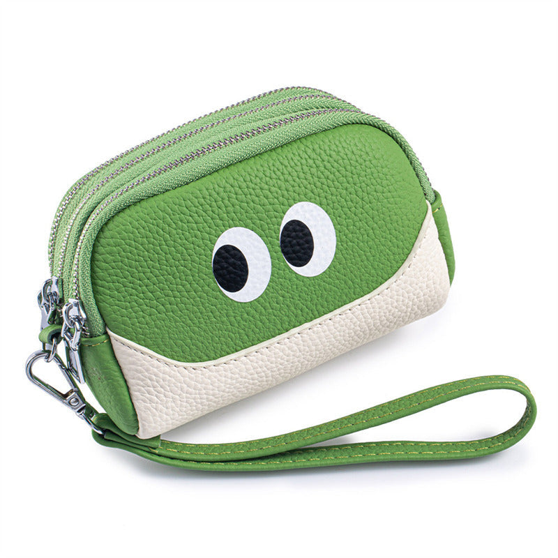 Cute Big Eyes Double Zipper Mini Pouch,Cowhide Leather Coin Purse