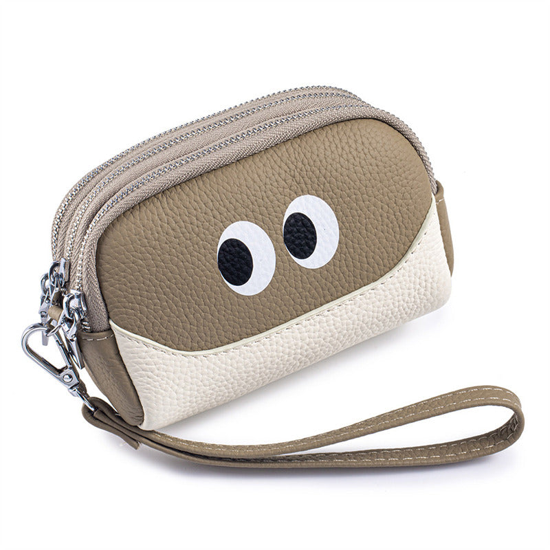 Cute Big Eyes Double Zipper Mini Pouch,Cowhide Leather Coin Purse