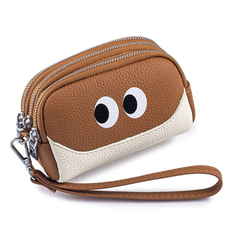 Cute Big Eyes Double Zipper Mini Pouch,Cowhide Leather Coin Purse