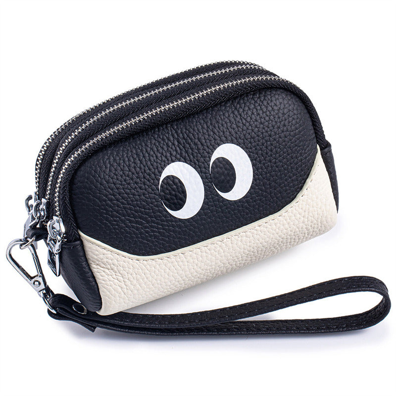 Cute Big Eyes Double Zipper Mini Pouch,Cowhide Leather Coin Purse