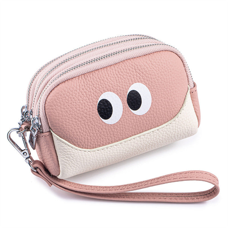 Cute Big Eyes Double Zipper Mini Pouch,Cowhide Leather Coin Purse