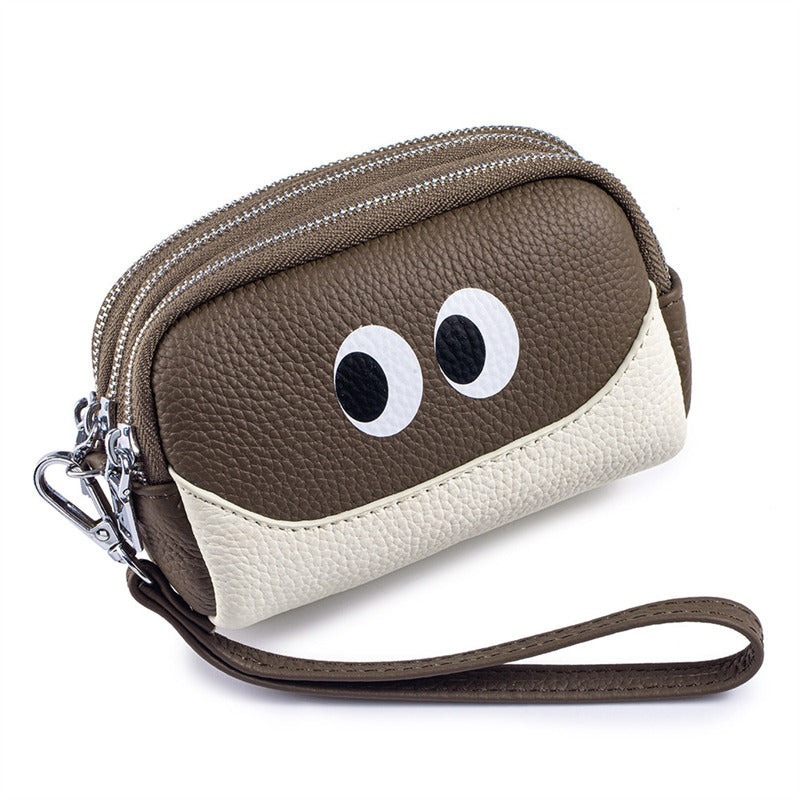 Cute Big Eyes Double Zipper Mini Pouch,Cowhide Leather Coin Purse