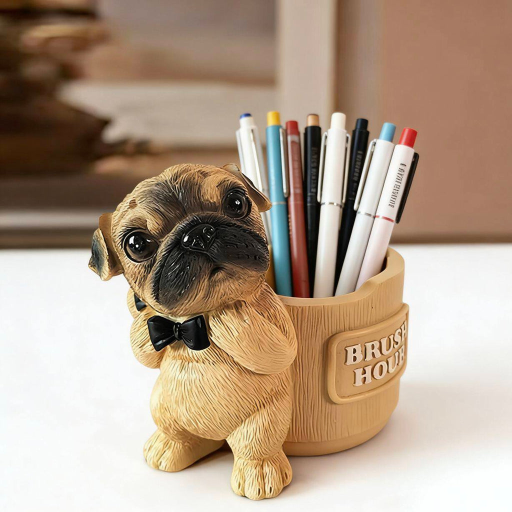 Cute Bowtie Pug Dog Pen Holder, 3D Realistic Puppy Office & Home Decor Organizer