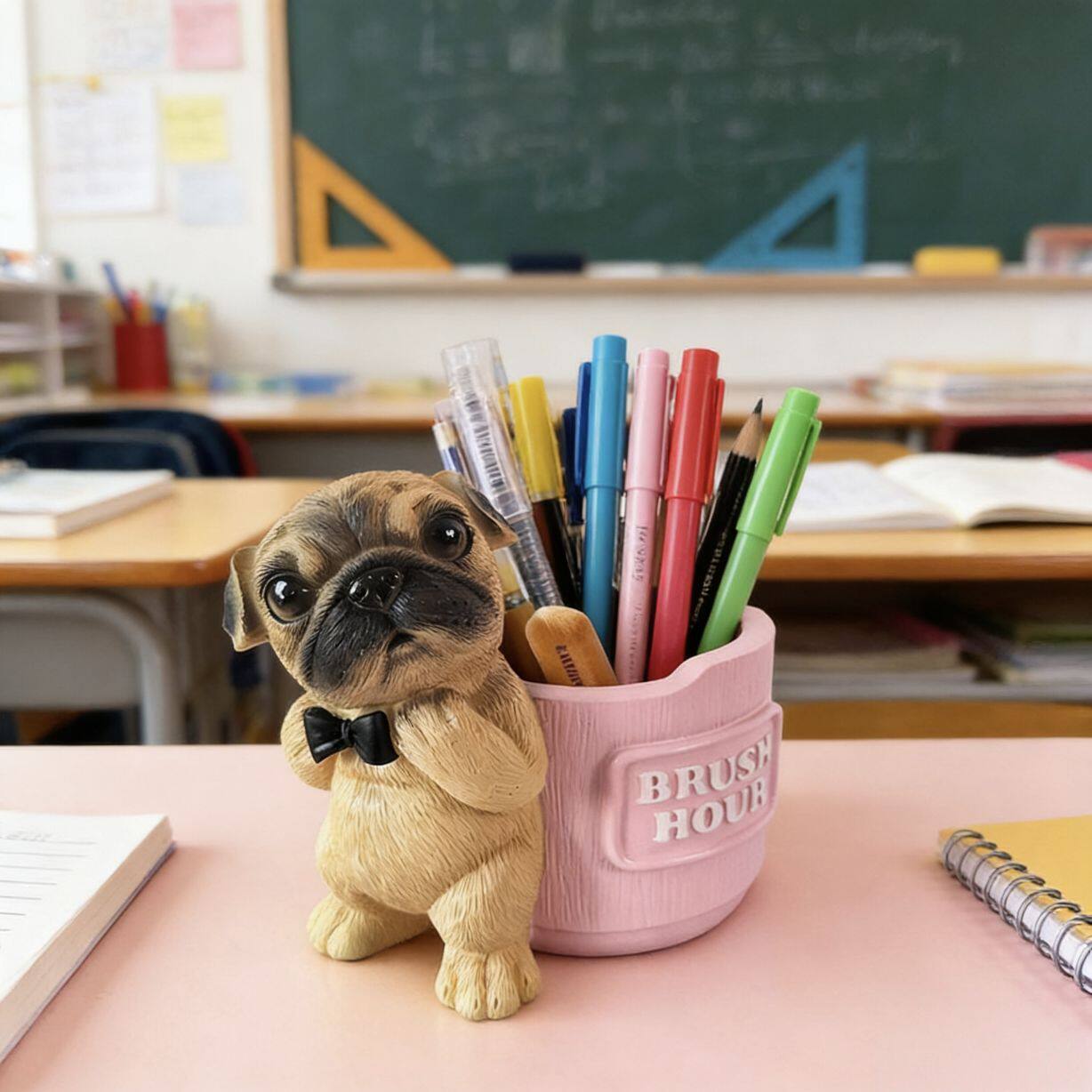 Cute Bowtie Pug Dog Pen Holder, 3D Realistic Puppy Office & Home Decor Organizer