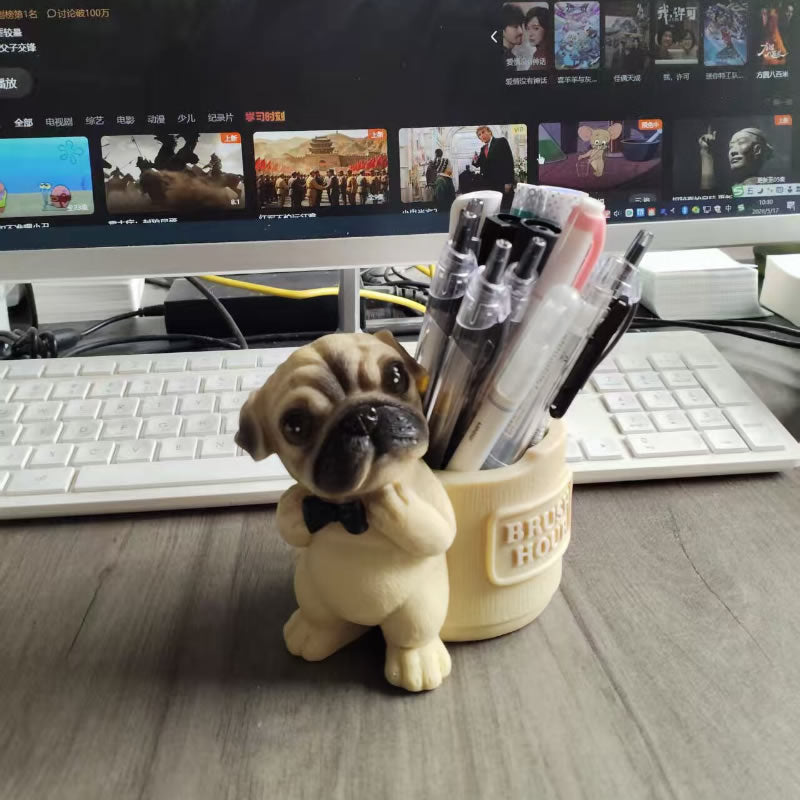Cute Bowtie Pug Dog Pen Holder, 3D Realistic Puppy Office & Home Decor Organizer