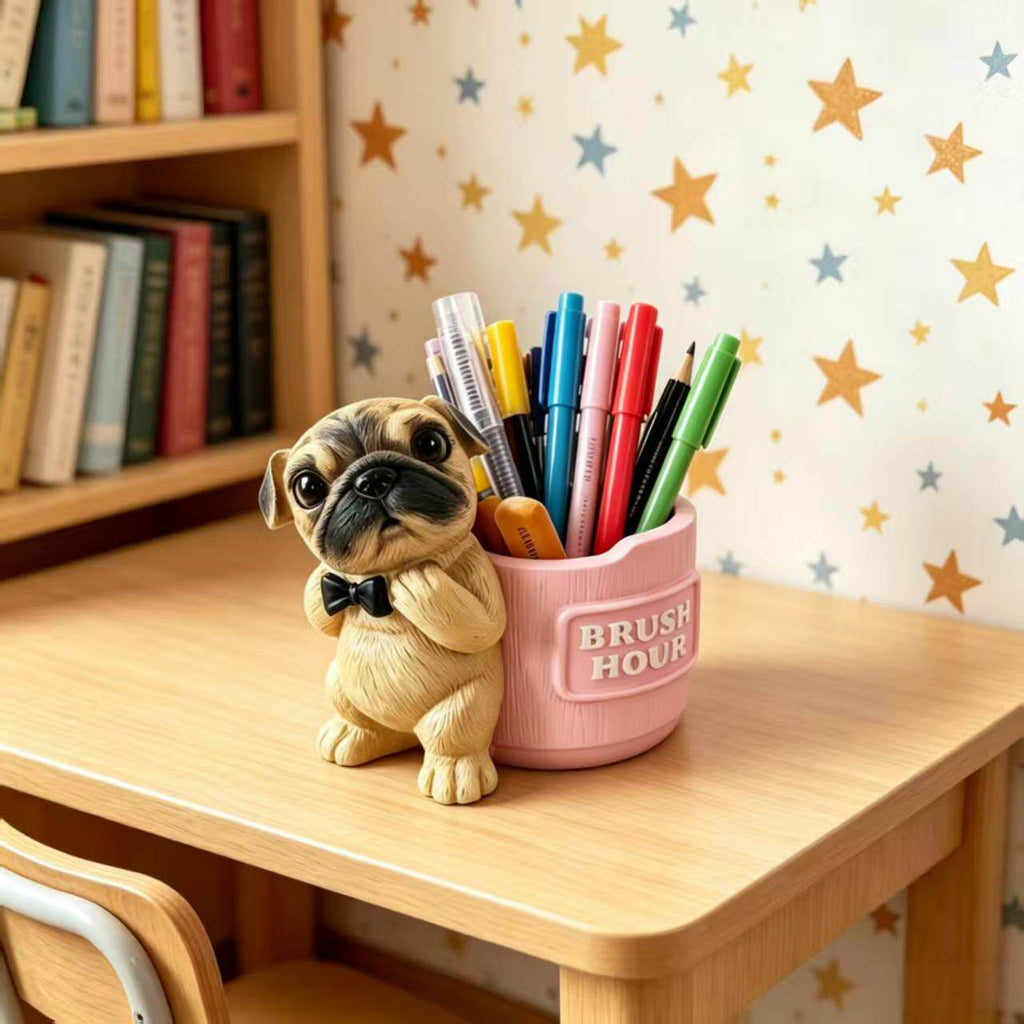 Cute Bowtie Pug Dog Pen Holder, 3D Realistic Puppy Office & Home Decor Organizer